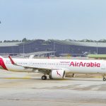 An Air Arabia jet lands at Kuala Lumpur International Airport