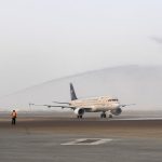 The Saudia flight was accorded the customary water cannon salute