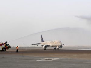 The Saudia flight was accorded the customary water cannon salute