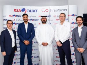 Image from L to R David Auriau, Board Member of SirajPower, Abhishek Ajay Shah, Mohammed Abdulghaffar Hussain, Markus Koespel  and Laurent Longuet