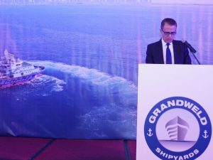 Jamal Abki, GM, Grandweld Shipyards, addresses attendees at the company's 35th year celebrations