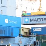 A container being offloaded a Maersk Container Vessel at the Port of Duqm