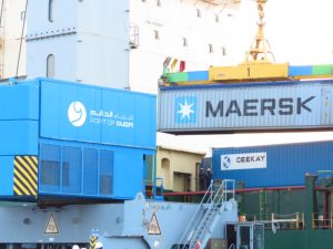 A container being offloaded a Maersk Container Vessel at the Port of Duqm