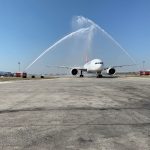 A Turkish Cargo Boeing 777 freighter given the ceremonial welcome