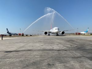 A Turkish Cargo Boeing 777 freighter given the ceremonial welcome