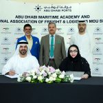 Capt. Maktoum Al Houqani and Nadia Abdul Aziz ink the MoU in the presence of ADMA and NAFL officials