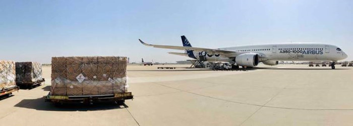 An A350-1000 aircraft loading masks in Tianjin, China