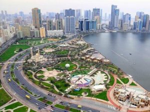 An aerial view of the Sharjah Corniche