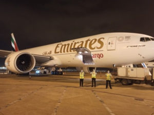 An Emirates SkyCargo freighter at Shanghai Airport