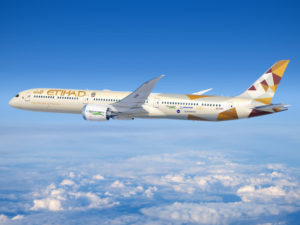 An Etihad eco-friendly aircraft in flight