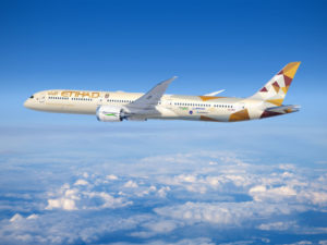 An Etihad eco-friendly aircraft in flight