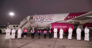 Officials from Wizz Air and Abu Dhabi International Airport welcome the first flight at AUH