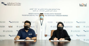 Dr Noura Al Dhaheri and Gaurav Biswas sign an agreement to offer customers truck booking services through MARGO