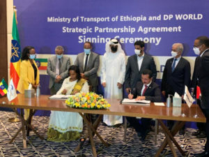 Dagmawit Moges, Ethiopia's Minister of Transport, and Sultan Ahmed Bin Sulayem, Group Chairman and CEO,DP World, at the signing ceremony