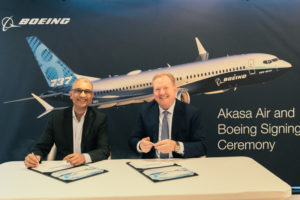 Vinay Dube, chief executive officer, Akasa Air, and Stan Deal, Boeing Commercial Airplanes president and chief executive officer, after Akasa Air ordered (72) 737 MAX airplanes to build its fleet.