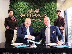 Stan Deal, Boeing Commercial Airplanes President and CEO, and Tony Douglas, group chief executive of Etihad Aviation Group, after signing an agreement expanding the companies’ partnership towards sustainable aviation for the Abu Dhabi-based airline and wider industry.