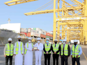 The vessel and its crew led by Captain Wang Lei were welcomed by Shahab Al Jassmi, Commercial Director, DP World UAE. Al Jassmi handed over a plaque to the Master of the vessel in the presence of Darico Dai, Owners Representative, CULines and other senior officials.